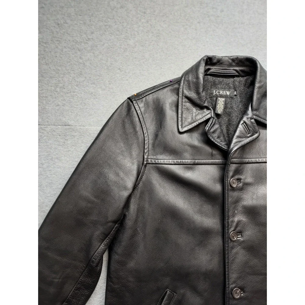 J Crew Men Jacket M Black 100% Leather Button Front Pockets Collared Outdoor
